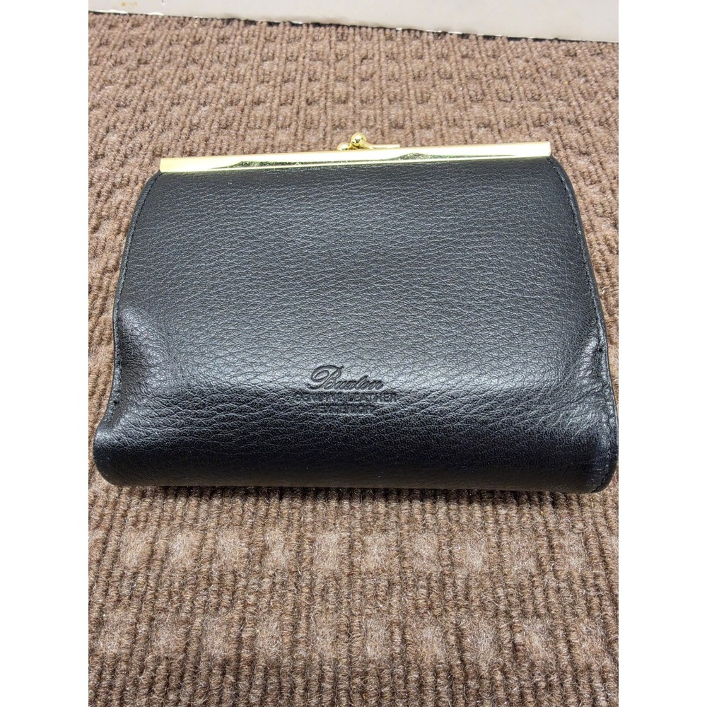Vintage Buxton Black Genuine Leather Wallet Kiss Lock Coin Pouch Card Organizer